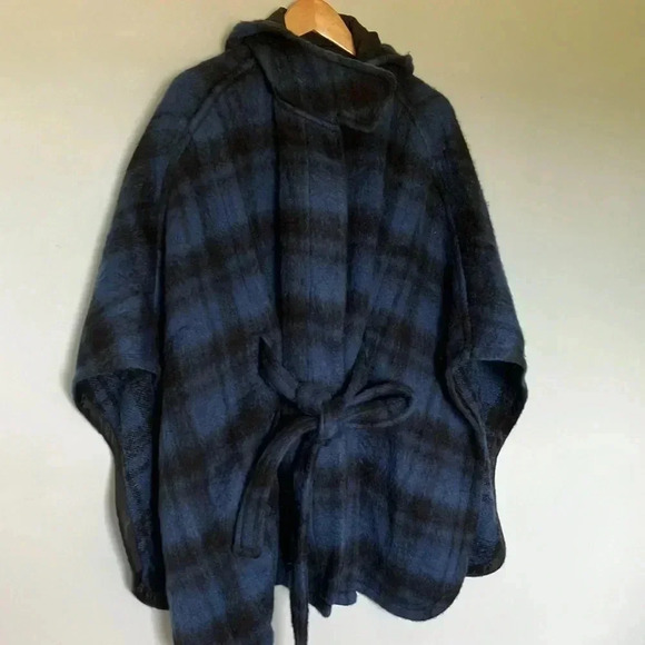 Coach New York blue black plaid wool alpaca cape belted belt hooded  hood jacket - Picture 7 of 11